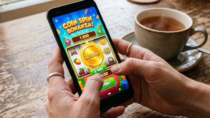 Close-up of hands holding a smartphone with virtual gaming coin draw