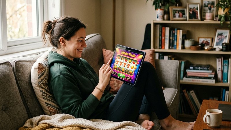 Person relaxing at home playing free social casino games on a tablet
